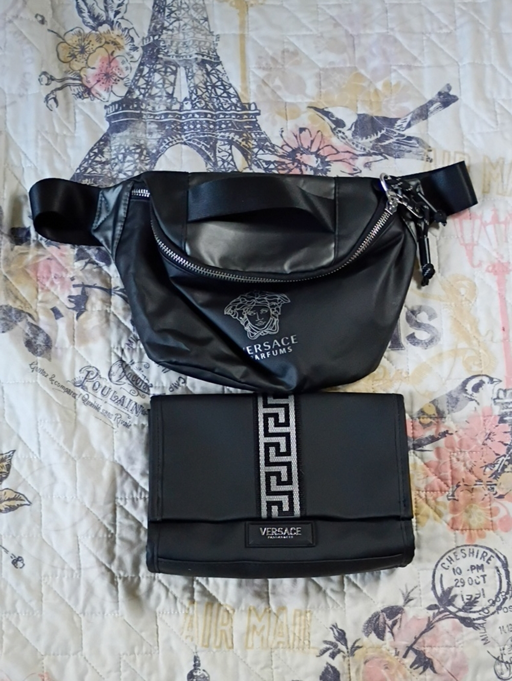 2p Versace Black Travel Pouch And Waist Purse W/ Adjustable Straps
